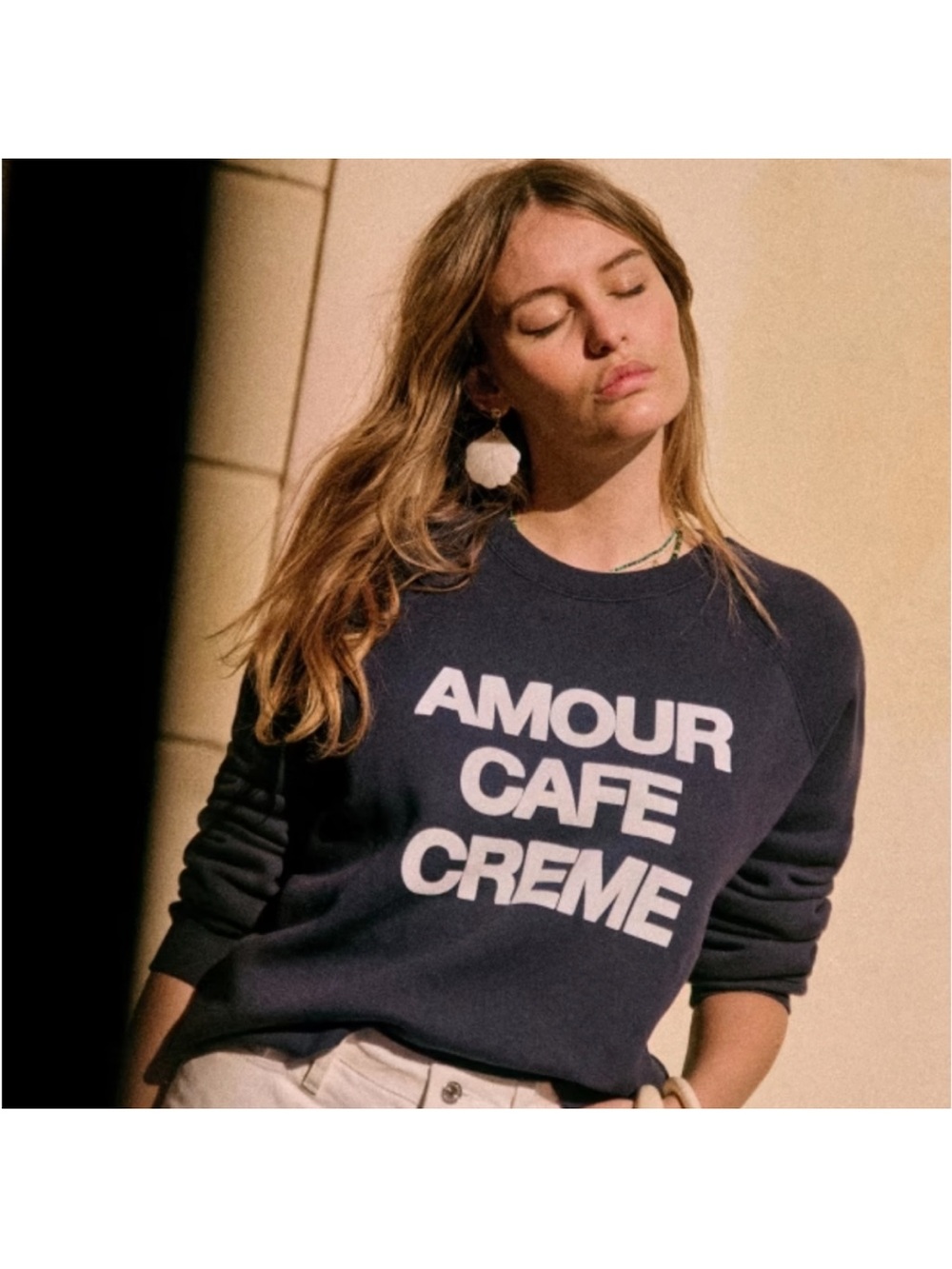 Sezane Navy Sweatshirt with Cream Graphic Text - Size M
